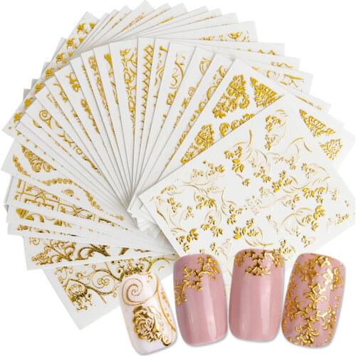 20Sheets Gold 3d Nail Art Stickers Hollow Decals Mixed Designs Adhesive Flower Nail Tips Decorations Salon Accessory LAAD301-326