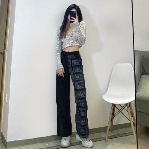2021 Retro stitching straight jeans womens high waist versatile show slim long leg wide leg pants Джинсы pantalones