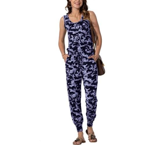 4# 2021 Summer New Womens Sexy Printed Sleeveless Button Sports Jumpsuit With Pocket Loose Casual Overalls Спортивные Костюмы