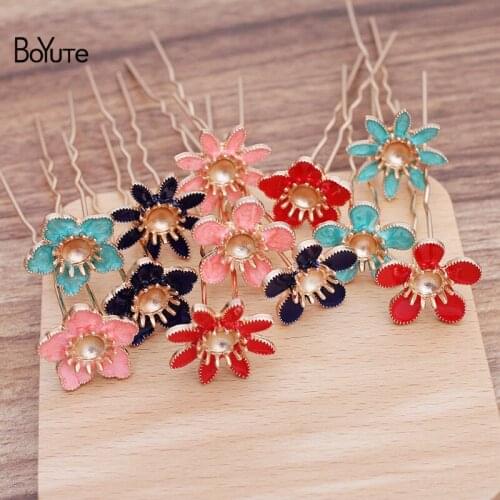 BoYuTe (10 Pieces/Lot) 23MM Dripping Oil Flower Bead Caps Welding 9*70*1.2MM Hair Fork Hairpin Handmade Diy Hair Accessories