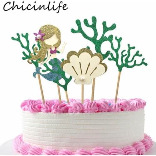 Chicinlife 6Pcs Mermaid Shell Coral Cupcake Toppers Birthday Party Under The Sea Baby Shower Wedding Mermaid Party Cake Supplies