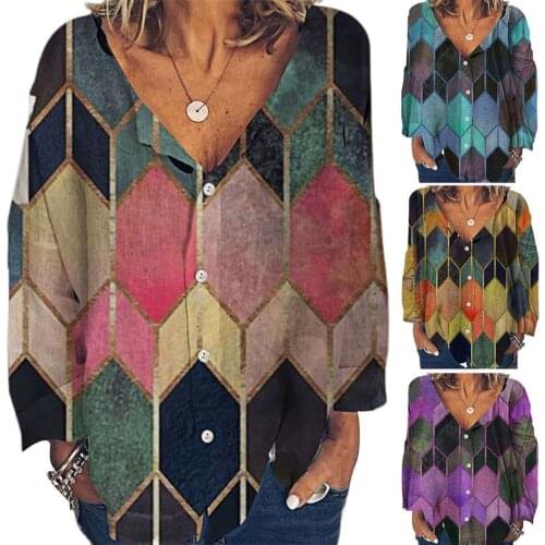 Women Geometric Hexagon Print Deep V Neck Buttons Long Sleeve Blouse Top Shirt