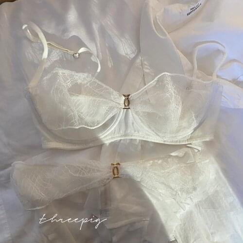 Wriufred Girls pure color high sense lingerie with briefs set light luxury mesh sexy transparent bra set low waist panties