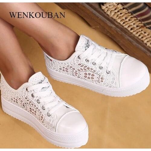 Women Shoes Fashion Summer Casual Shoes White Sneakers Cutouts Lace Canvas Hollow Breathable Platform Sneakers Tenis Feminino