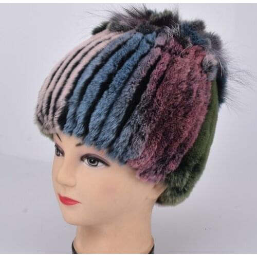 Fur Hats for Women Winter Real Rex Rabbit Hat Fox fur kniting female warm snow caps ladies elegant princess beanies cap