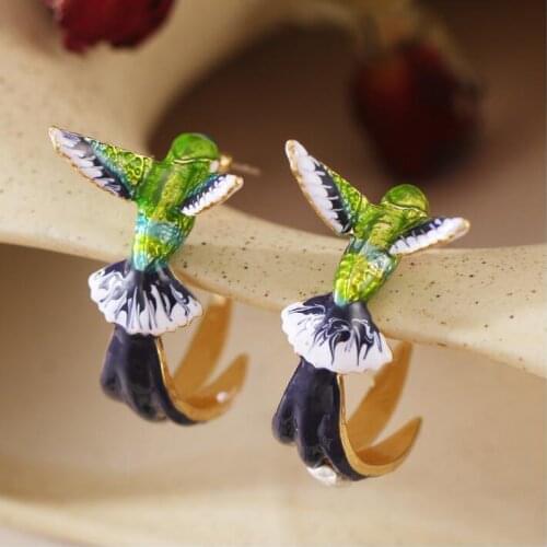 JINGLANG Cute Womens Flying Hummingbird Painted Oil Earrings Design Fashion Jewelry