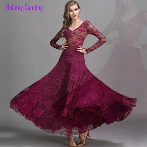 2021 New MY790 V Neck Long Sleeve Latin Dance Dress Women Performance Lace Patchwork Modern Dance Dress Latino Dancewear