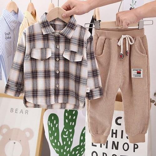 Autumn Toddler Boy Set Cotton Children Baby Boys Casual Long Sleeve Plaid Print Shirt Tops+Pants Trouser Set