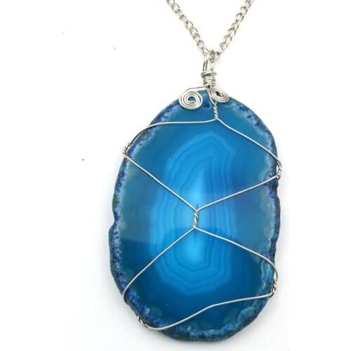 Silver Plated Wire Wrap Irregular Shape Many Color Agates Pendant Link Chain Necklace Popular Jewelry