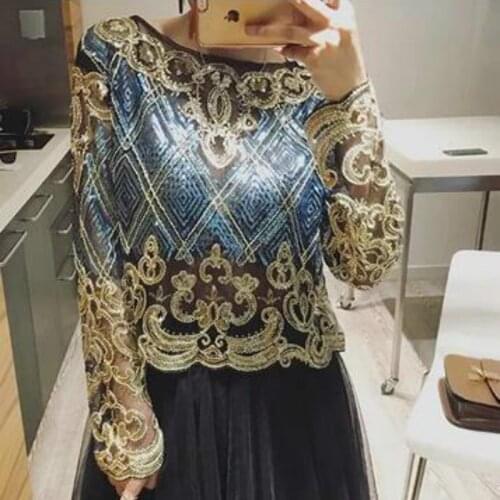 Handmade Sequins embroidery Shirts slim sexy Women Heavy Beading blouses Geometric perspective bottoming Shirt blusas bling Tops