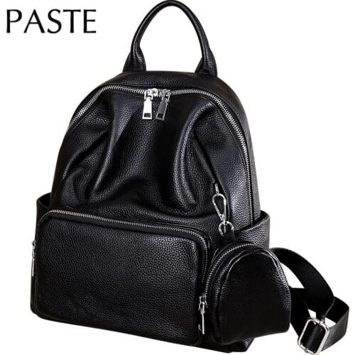 Silver Hardwear Cowhide Leather Womens Backpack with Purse Genuine Leather Daily Backpack Cowhide Girl School Bags Black