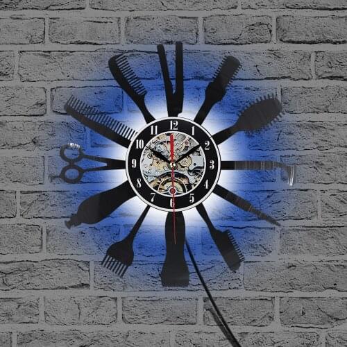 Led Light Wall Clock Backlight Vinyl Clocks Comb Barber 7 Color Changing Home Decoration Lamp Night