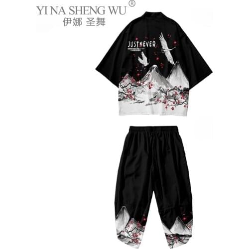 Japanese Kimono Peach Blossom Print Black Male Cardigan Mens Shirts Haori Asian Clothes Samurai Kimono Suit Harajuku Fashion