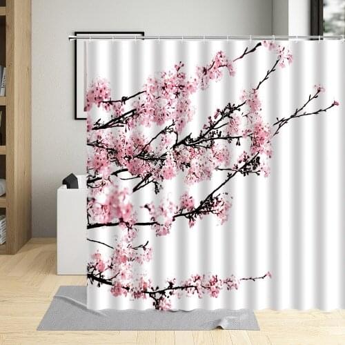 Pink Cherry Blossom Shower Curtain Orchid Bird Peach Flower Scenery Bathroom Bathtub Decoration Wall Cloth Hanging Curtains Sets