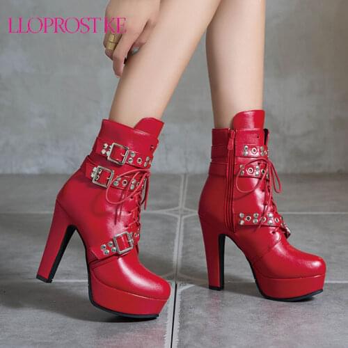 Lloprost ke Women Ankle Boots Platform Lace Up High Heel Women Boots Buckle Solid Red Yellow White Round Toe Sexy Ladies Shoes