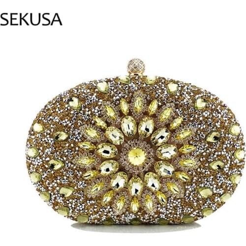 Flower Rhinestones Women Party Evening Bags Gold Silver Diamonds Egg Shaped Wedding Bridal Day Clutch Purse