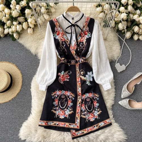 Menahem Autumn Elegant 2 Piece Set Overalls Dress Women Bow Collar White Shirt Top+ Irregular Flower Print V-Neck Vest Dress