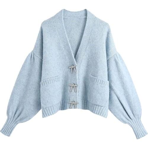 2021 New Women Fashion Rhinestone Buttons Loose Knitted Cardigan Sweater Vintage Long Sleeve Pockets Female Outerwear Chic Tops