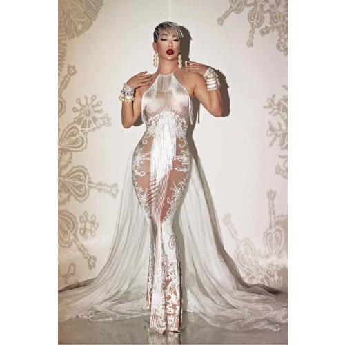 New Design Nude White Dress Tail Dance Costume Birthday Celebrate Performance Stretch Dress Wear Bar Prom Singer Long Train