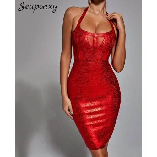 High Quality 2021 Summer Sexy Sleeveless Halter Backless Mesh Patchwork Bandage Dress Elegant Women Bodycon Club Party Dress