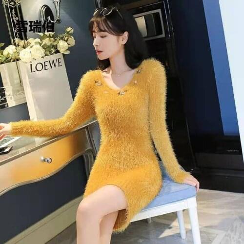 Sweater Dress Woman Korean Fashion Knitted Dresses For Women 2021 Imitated Mink Wool Autumn Winter Robe Femme Bodycon V-Neck