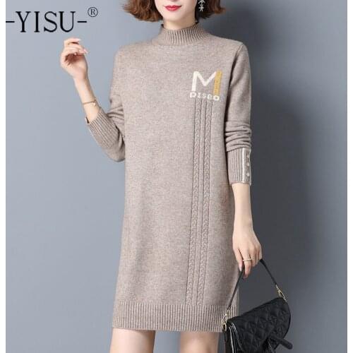 YISU Winter Women Sweater Solid color Stripe Half turtleneck Casual Jumper Fashion Knitted pullover Long section Winter tops