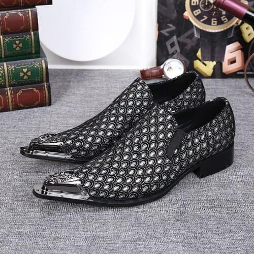 2021 Western Fashion Pointed Metal Toe Dress Shoes Blue/Grey Party Wedding Leather Shoes for Men, EU38-46