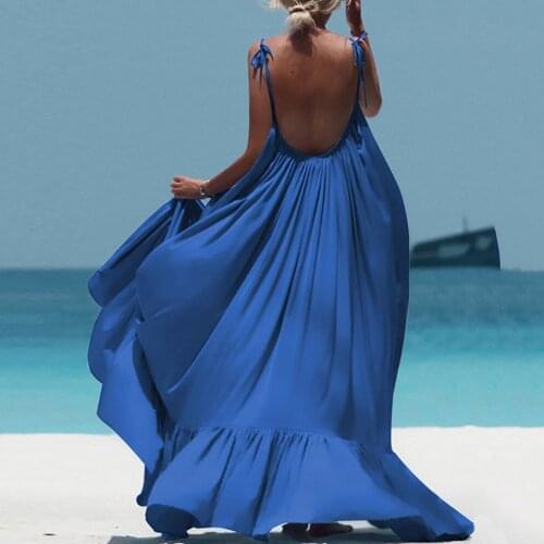 4# Backless Dress Women Bohemian Boho Maxi Beach Dress Solid Sleeveless Long Evening Party Beach Summer Dress Vestido De Mujer