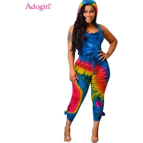 Adogirl Tie Dye Print Sexy Backless Hooded Jumpsuit Draped V Neck Sleeveless Slim Women Romper Fashion Casual Overalls Playsuit