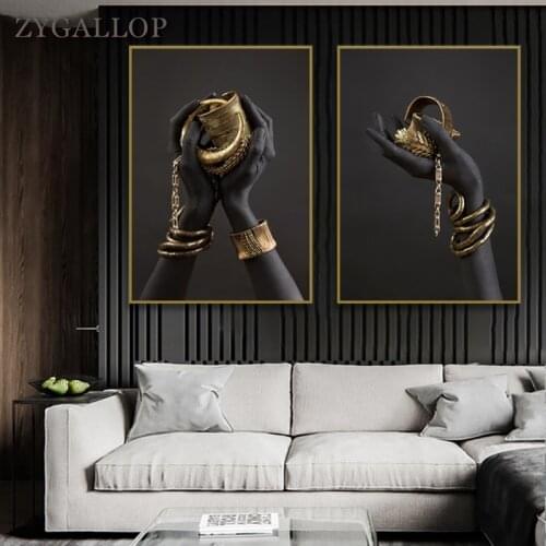 African Wall Art Canvas Painting Black Womans Hand With Gold Jewelry Print Wall Paintings Decor Poster Pictures for Home Design