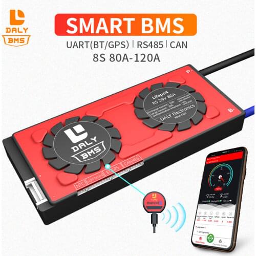 Battery pack lifepo4 Smart BMS lithium common port with balance smart bms 8s lifepo4 24V 80A 100A 120A uart 485 CAN for solar