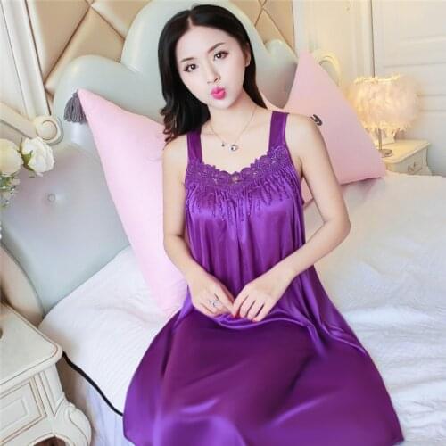 Large Size Fashio Lace Trim Sleepwear Women Sling Satin Lingerie Off Shoulder Home Sleepwear Honeymoon Nightgown Nightie Robe
