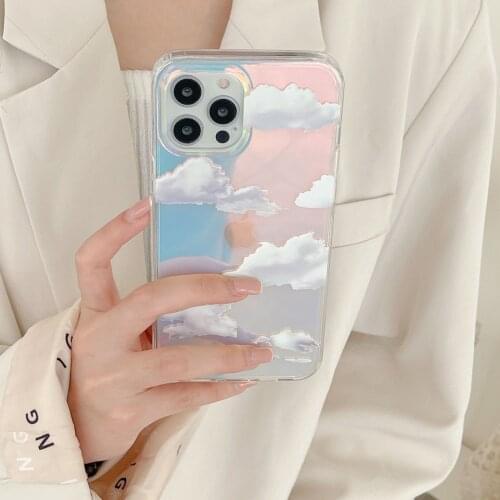 Cartoon Laser Sky Cloud Pattern Phone Case for iPhone 11 12 Pro Max XS Max X XR 7 8 Plus Glitter Transparent Soft Tpu Back Cover