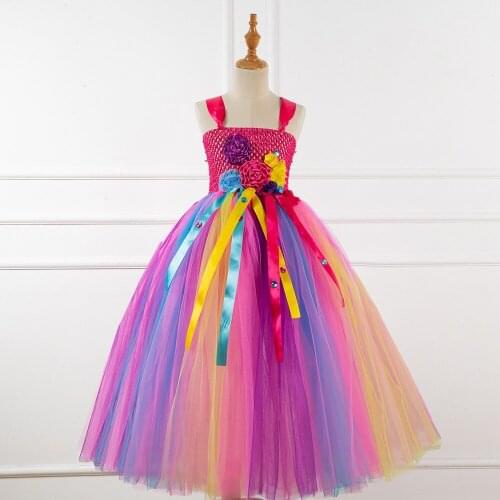Flower Girls Kids Princess Dress Children Baby Pastel Mesh Ball Gown Rainbow Straped Beaded Party Tutu Dresses Vestidos S10847