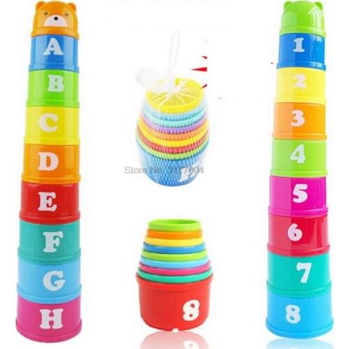 DHL 100set 8PCS+1 bear head Educational Baby Toy 6Month+ Figures Letters Foldind Stack Cup Tower Children Intelligence Figurines