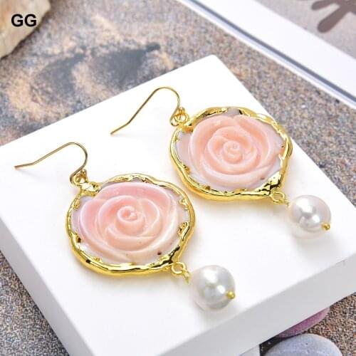 GuaiGuai Jewelry Natural Cultured White Keshi Pearl Earrings Gold Plated Pink Queen Conch Coral Flower Earrings For Women