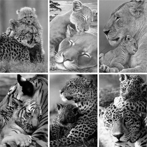 Huacan 5D Diamond Painting Full Square Parent-child Leopard Lion Diamond Embroidery Kit Mosaic Black And White Tiger Animal New