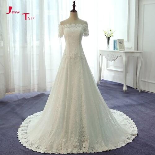 Jark Tozr Boat Neck Short Sleeve Bridal Gown Gelinlik Beading Pearls Appliques Lace Wedding Dress Vestido Noiva Renda