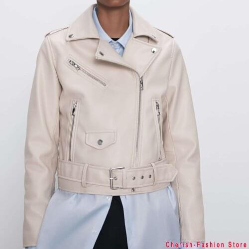 Novel New Fashion Women Autumn Winter Black Beige Fake Faux Leather Jackets Lady PU Zipper Pocket Motorcycle Outerwear Coat Belt