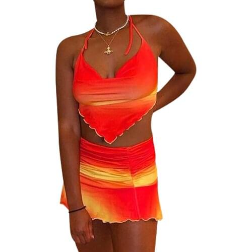 2Pcs Traf Women Summer Outfit Solid Color Halter-Neck Backless Tank Tops + Ruffled Skirt Suit for Girls Purple/Blue