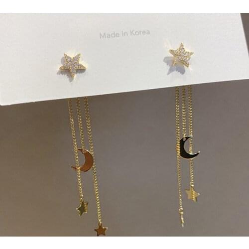 2021 New Korean Crystal Trendy Exquisite Star Moon Long Tassel Dangle Earrings For Women Temperament Crystal Pendant Jewelry