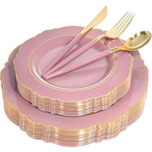 Disposable Cutlery Set Blue Pink Plastic Tray With Golden Border and Golden Disposable Silverware Wedding Party Supplies