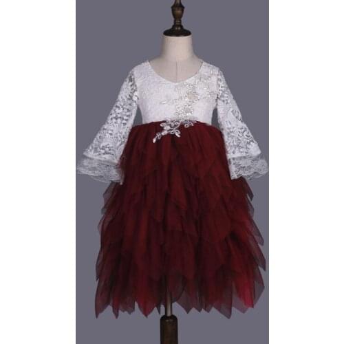 2017 Fall Flare Sleeves Girls Lace Long Dress Vintage Style Puffy Maxi Dress V back Lace Costumes For Wedding Birthday