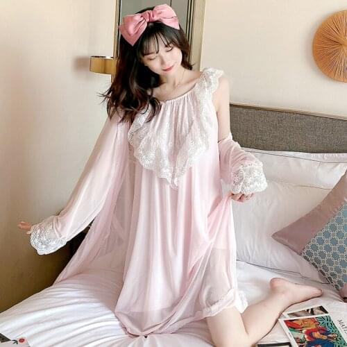 2020 Autumn 2PCS Cotton Sexy Lingerie Robe Sets Nightgowns Home Dress For Women Bathrobe Sleepwear Nightdress Night Dress Nighty