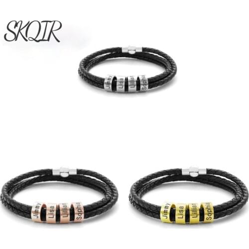 Custom Name Personalized Men Women Bracelet Stainless Steel Bead Leather Bracelets on hand Family Custom Jewelry Gifts Wristband