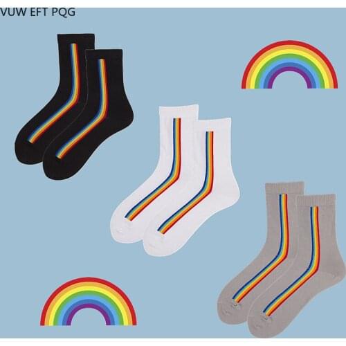 Rainbow Men And Women Socks Street Hip Hop Trend Personality Unique Cotton Sock Three color Gray Black