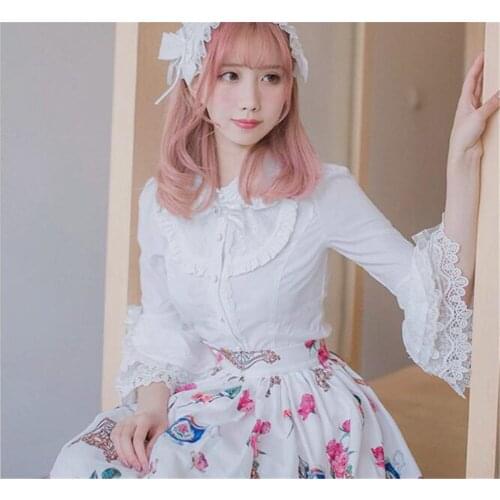Retro Victorian Chiffon Blouse Long Flare Sleeve Ruffled White Black Lolita Shirt B316