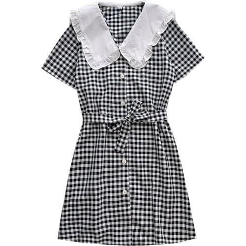 Blue white retro doll collar Japanese-style breasted loose waist bandage short-sleeved plaid dress