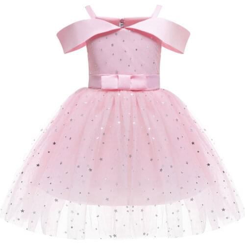 Little Girls Wedding Gowns Show Costume Star Mesh Puffy Braces One Shoulder Dress 2-10Y Toddler Kids Girls Party Princess Dress
