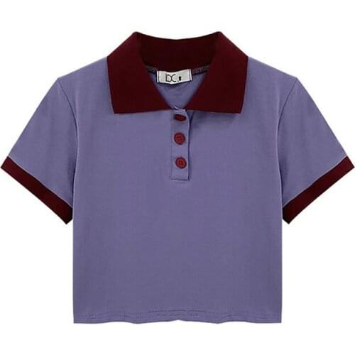 2021 Summer Chic Sweet Button Women T Shirt Kawaii Patchwork Crop Top Short Sleeve Polo Shirts Turn-Down Collar Female Tops